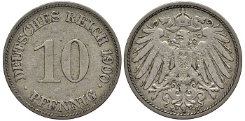 Германия 10 пфеннигов 1900 E KM 12, Jager 13, Weege 8 медно-никель 219-332