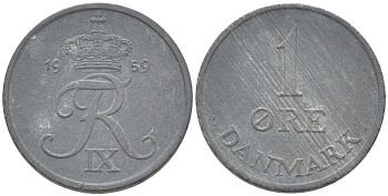 ДАНИЯ 1 ЭРЕ 1959 C; S, ФРЕДЕРИК IX (1947-1972) KM 839.2 цинк 214-534