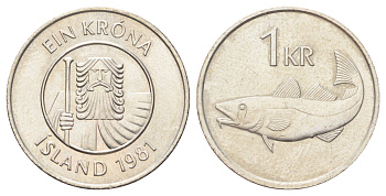 Исландия 1 крона 1981 треска KM 27 медно-никель UNC 4666-855