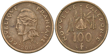 Французская Новая Каледония 100 франков 2002 хижина среди сосен и пальм, (IEOM) KM 15, Schoen 16, Lec 139f никель латунь 4149-121