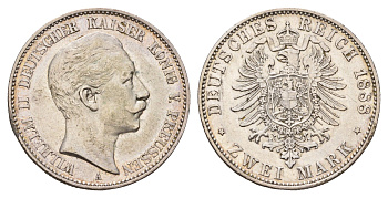 Пруссия 2 марки 1888 A, Вильгельм II (1888-1918) KM 511 серебро 00-814-56