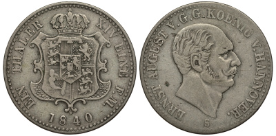 Брауншвейг-Каленберг-Ганновер 1 талер 1840 S, Эрнст Август (1837-1851) редкий КМ 193, Jaeger 68, Thun 161, AKS 103, Kahnt 229 серебро 1517-1445