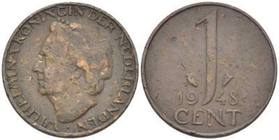 НИДЕРЛАНДЫ 1 ЦЕНТ 1948 ВИЛЬГЕЛЬМИНА (1890-1948) KM 107 бронза 214-1016