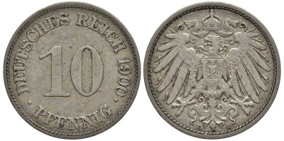 Германия 10 пфеннигов 1900 E KM 12, Jager 13, Weege 8 медно-никель 219-332