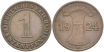 Германия 1 рентенпфенниг 1924 J KM 30, J. 306 бронза 116-863
