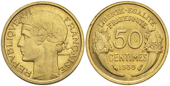 ФРАНЦИЯ 50 САНТИМОВ 1939 ТИП MORLON KM 894.1, LE FRANC 192.15 алюминиевая бронза 44-824