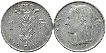 БЕЛЬГИЯ 1 ФРАНК 1964 BELGIQUE KM 142.1 медно-никель 4388-724