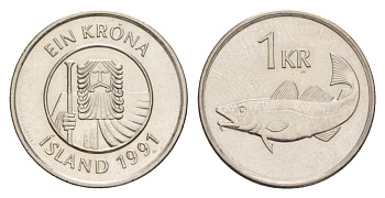 Исландия 1 крона 1991 треска KM 27a сталь плакированная никелем UNC 4633-1257