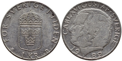 Швеция 1 крона 1989 Карл XVI Густав (1973- ) KM 852a медно-никель 4397-1253