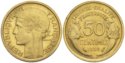 ФРАНЦИЯ 50 САНТИМОВ 1939 ТИП MORLON KM 894.1, LE FRANC 192.15 алюминиевая бронза 44-824
