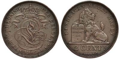 БЕЛЬГИЯ 2 САНТИМА 1902 BELGEN, ЛЕОПОЛЬД II (1865-1909) KM 36 медь 27-813