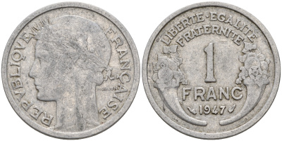 Франция 1 франк 1947 В КМ 885а.2 алюминий    4603-231