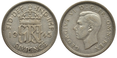 Великобритания 6 пенсов 1945 Георг VI (1936-1952) KM 852, Spink 4084 серебро 4538-551