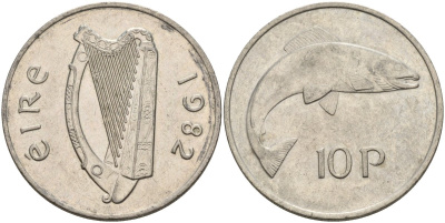Ирландия 10 пенсов 1982 лосось KM 23 медно-никель 4144-1026