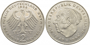 ФРГ 2 МАРКИ 1986 F, ТЕОДОР ХОЙС KM 127, J. 407 медно-никель плакированный никелем 3856-352