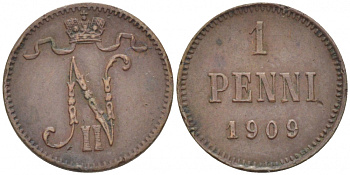 Россия для Финляндии 1 пенни 1909 Николай II (1894-1917) KM 13, Биткин 470 медь 4396-1316