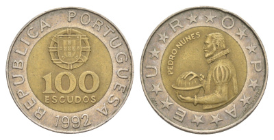 Португалия 100 эскудо 1992 Педру Нуниш (1502-1578), математик KM 645 биметалл 4390-936