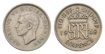 Великобритания 6 пенсов 1948 Георг VI (1936-1952) KM 862, Spink 4105 медно-никель 4696-814