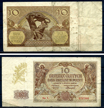 Польша 10 злотых 1940 эмиссионный банк в Польше (немецкая оккупация, вторая мировая война) Pick 94 бумага 8592-41-1-2