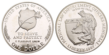 США 1 доллар 1997 P, Национальный Мемориал сотрудников правоохранительных органов KM 281 серебро PROOF 11-256-25