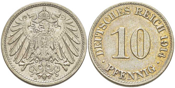 ГЕРМАНИЯ 10 ПФЕННИГОВ 1914 A KM 12, J. 13, Weege 8 медно-никель 212-255
