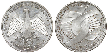 ФРГ 10 марок 1972 J, XX летние Олимпийские игры 1972 года в Мюнхене, символика KM 131, J.402 серебро aUNC 4178-815