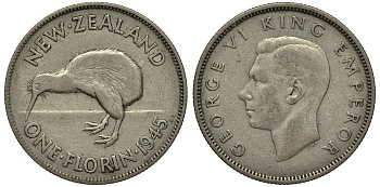Новая Зеландия 1 флорин 1945 Георг VI (1936-1952), птичка киви KM 10.1 серебро 272-1621