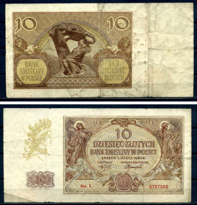 Польша 10 злотых 1940 эмиссионный банк в Польше (немецкая оккупация, вторая мировая война) Pick 94 бумага 8592-41-1-2