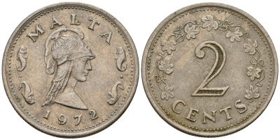 Мальта 2 цента 1972 Пентесилея, царица амазонок KM 9 медь цинк 4154-656