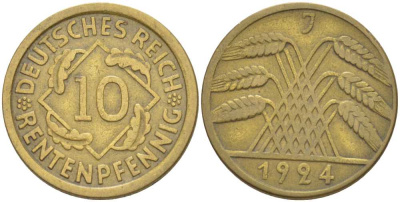 ГЕРМАНИЯ 10 РЕНTЕНПФЕННИГОВ 1924 J KM 33, J. 309, Weege 8 алюминиевая бронза 210-321