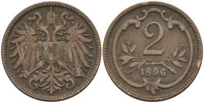 Австрия 2 геллера 1896 Франц Иосиф (1848-1916) KM 2801 бронза 4152-116