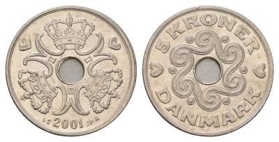 Дания 5 крон 2001 Маргрете II (1972-2024) KM 869 медно-никель aUNC 119-113