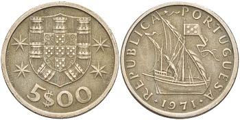 ПОРТУГАЛИЯ 5 ЭСКУДО 1971 ПАРУСНИК KM 591 медно-никель 4523-543