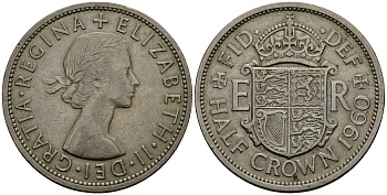 Великобритания 1/2 кроны 1960 Елизавета II (1952-2022) KM 907, Spink 4145 медно-никель 4125-534