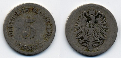 Германия 5 пфеннигов 1875 C, старогербовка KM 3, Jager 3, Weege 5 медно-никель 46-466
