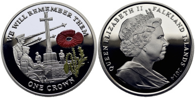 Фолклендские острова 1 крона 2014 в память героев первой мировой войны, военный мемориал Содружества, красный мак KM 176a.1 серебро, эмаль  PROOF 1071-2-42