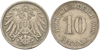 ГЕРМАНИЯ 10 ПФЕННИГОВ 1908 D KM 12, J. 13 медно-никель 31-441