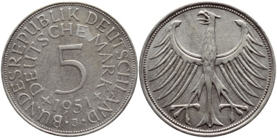 ФРГ 5 марок 1951 J (Гамбург), J. 387, KM 112.1 серебро 84-125
