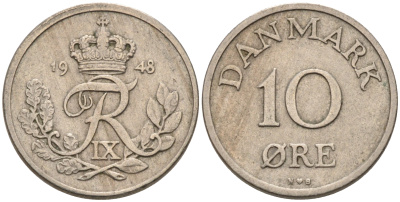 ДАНИЯ 10 ЭРЕ 1948 ФРИДЕРИК IX KM 841.1 медно-никель 4564-1213
