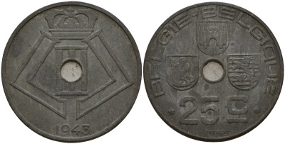 Бельгия 25 сантимов 1943 Belgie - Belgique, Леопольд III (1934-1947), германская оккупация, Вторая мировая война KM 132 цинк 4157-612