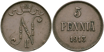 Россия для Финляндии 5 пенни 1913 Николай II (1894-1917) КМ 15, Биткин 453 медь 4582-1233