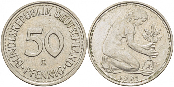 ФРГ 50 ПФЕННИГОВ 1991 D KM 109.2 медно-никель 26-719