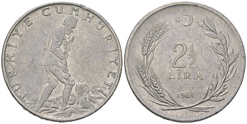 Турция 2 1/2 лиры 1961 KM 893.1 нержавеющая сталь 4590-922