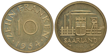 Саарланд 10 франков 1954 ESSAI, пробный выпуск KM E1 PROOF 00-812-47