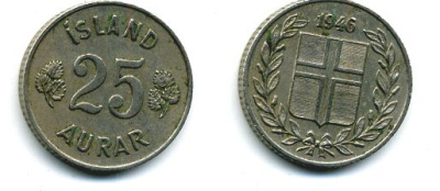 Исландия 25 эйре 1946 KM 11 медно-никель 46-2426