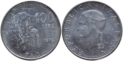 Италия 100 лир 1979 R, FAO, корова с теленком KM 106 нержавеющая сталь 4394-626