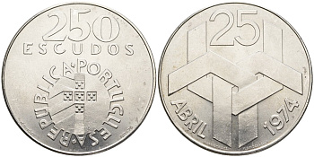 Португалия 250 эскудо 1976 Революция гвоздик 25 апреля 1974 года KM 604 серебро UNC 4558-324
