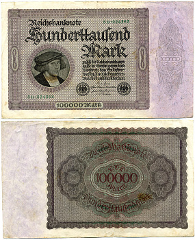 ГЕРМАНИЯ 100000 МАРОК 1923 1 ФЕВРАЛЯ 1923, БЕЗ Т ПОД ПОРТРЕТОМ Pick 83a бумага 2192-37-2