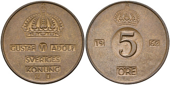 Швеция 5 эре 1962 Густав VI Адольф (1950-1973) KM 822 бронза 4526-1244