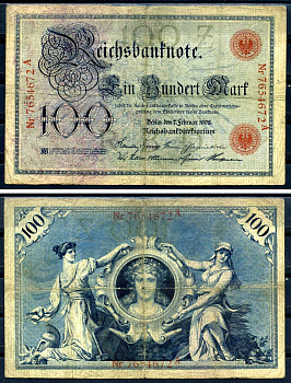 Германия 100 марок 1908 7 февраля 1908, номер 29 мм, серия Z, буква A, выпуск конец 1916 - ноябрь 1918, красная печать Pick 33 бумага 8619-28-1-1